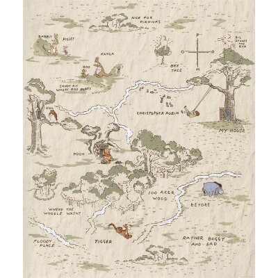 IADX4-042 Tapeten Komar Into Wonderland Winnie the Pooh Map Farbe braun, grau, schwarz Vlies Fototapete